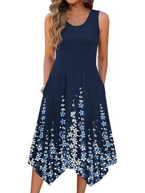 🆕Women's Navy Summer Tank Dress Loose Flowy Beach Dress  Flare Midi Dress